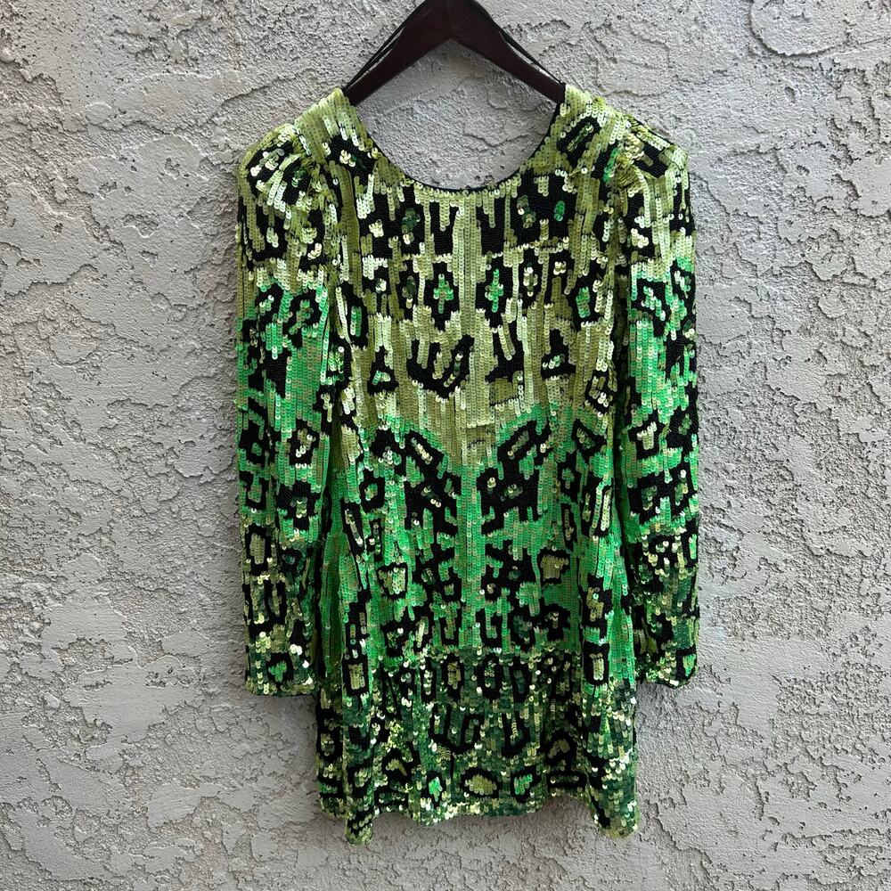 Alla Berman Green Sequin Animal Print Mini Dress Size Medium